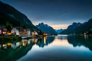 uma Cidade em a lago às crepúsculo. gerado por IA foto