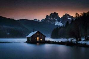 uma pequeno cabine senta em a costa do uma lago às pôr do sol. gerado por IA foto