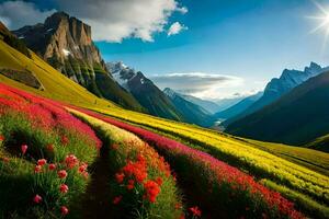 a Sol brilha brilhantemente sobre uma campo do flores gerado por IA foto