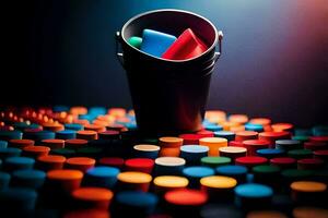 uma balde cheio do colori marcadores em uma mesa. gerado por IA foto
