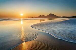 a Sol sobe sobre a oceano e a ondas em a de praia. gerado por IA foto