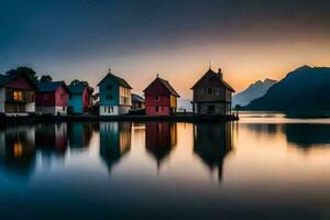 colorida casas em a água às pôr do sol. gerado por IA foto