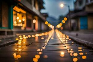 uma rua com luzes em isto às noite. gerado por IA foto