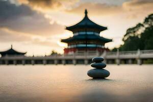 uma pilha do pedras dentro frente do uma pagode. gerado por IA foto