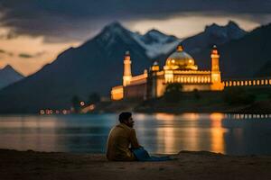 uma homem sentado em a areia perto uma lago e uma mesquita. gerado por IA foto