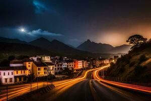 uma cidade rua às noite com uma montanha dentro a fundo. gerado por IA foto