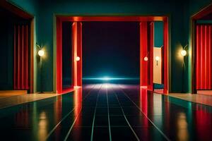 uma corredor com vermelho luzes e uma porta. gerado por IA foto