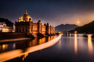 a dourado têmpora, Índia, a lua, a rio, água, hd papel de parede. gerado por IA foto