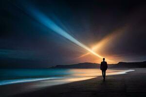 uma homem em pé em a de praia às noite com uma brilhante luz chegando a partir de a céu. gerado por IA foto