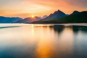 pôr do sol sobre a lofoten ilhas, Noruega. gerado por IA foto