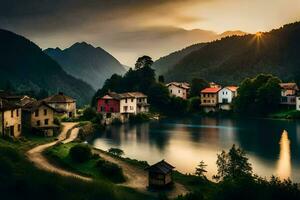 foto papel de parede a céu, montanhas, lago, casas, pôr do sol, a sol, a montanhas,. gerado por IA