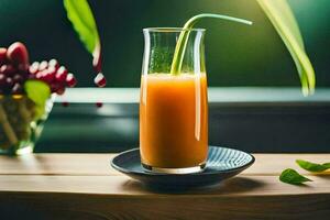 uma vidro do laranja suco em uma mesa. gerado por IA foto