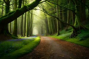 uma caminho através uma floresta com verde árvores e azul flores gerado por IA foto