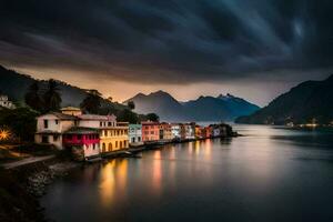 a casas em a lago às noite. gerado por IA foto