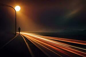 uma homem carrinhos em a lado do uma estrada às noite. gerado por IA foto