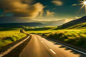 uma estrada dentro a meio do uma verde campo com a Sol brilhando. gerado por IA foto