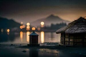 uma cabana senta em a costa do uma lago às crepúsculo. gerado por IA foto