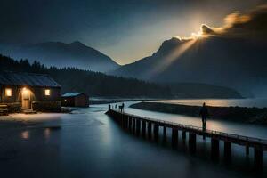 foto papel de parede a céu, a sol, a lua, a lago, a montanhas, a água. gerado por IA