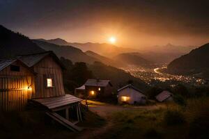 foto papel de parede a céu, montanhas, a sol, a montanhas, a Vila, a pôr do sol,. gerado por IA