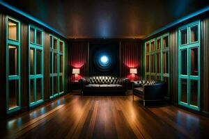 uma quarto com uma sofá e uma luminária em a chão. gerado por IA foto
