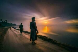 dois homens caminhando ao longo a estrada às pôr do sol. gerado por IA foto