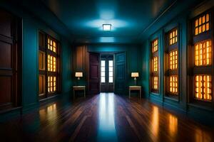 uma Sombrio corredor com de madeira pavimentos e azul paredes. gerado por IA foto