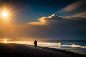 uma homem anda em ao longo a de praia às pôr do sol. gerado por IA foto