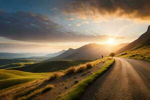 a estrada para a pôr do sol. gerado por IA foto