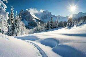 neve coberto montanhas e árvores com Sol brilhando. gerado por IA foto