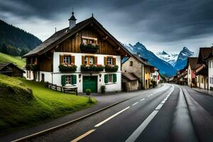 uma estrada dentro a montanhas com uma casa e montanhas dentro a fundo. gerado por IA foto