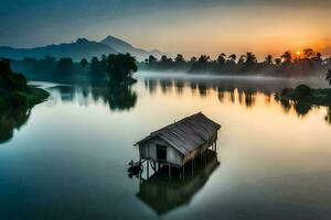 uma pequeno casa senta em a Beira do uma lago às nascer do sol. gerado por IA foto