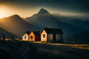 três casas dentro a montanhas às pôr do sol. gerado por IA foto