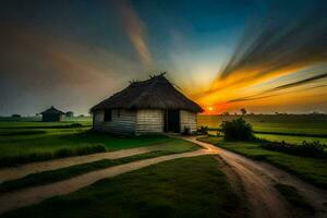 a Sol conjuntos sobre uma cabana dentro a meio do uma arroz campo. gerado por IA foto