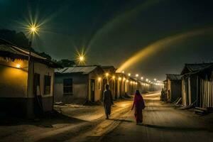 uma homem e mulher andar baixa uma sujeira estrada às noite. gerado por IA foto