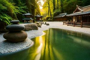 uma japonês jardim com pedras e água. gerado por IA foto