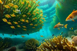 peixe natação dentro a oceano com coral recifes. gerado por IA foto