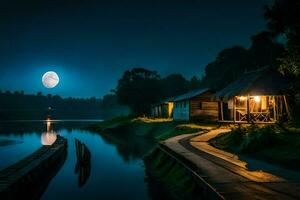 luar, lua, noite, rio, água, cachoeiras, cachoeiras, água,. gerado por IA foto