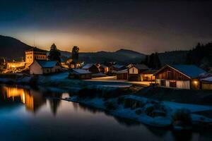 uma pequeno Vila dentro a montanhas às noite. gerado por IA foto