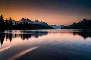 uma lago e montanhas às pôr do sol. gerado por IA foto