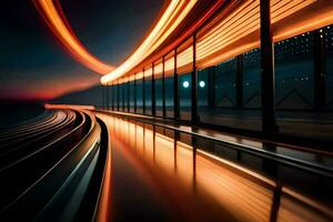 uma grandes exposição fotografia do uma trem rastrear às noite. gerado por IA foto