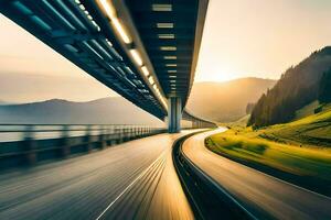 uma rodovia com uma ponte e uma carro dirigindo debaixo isto. gerado por IA foto