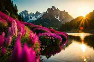 a Sol sobe sobre a montanhas e flores dentro a primeiro plano. gerado por IA foto