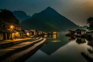 uma rio às noite com casas e montanhas dentro a fundo. gerado por IA foto