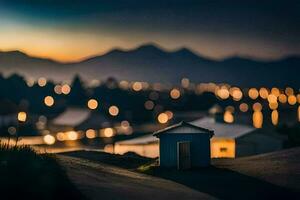 uma pequeno casa dentro a meio do uma campo às crepúsculo. gerado por IA foto