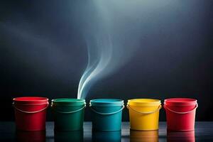 cinco colorida baldes com fumaça chegando Fora do eles. gerado por IA foto