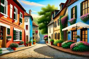 a ilustração do uma rua dentro uma pequeno cidade. gerado por IA foto