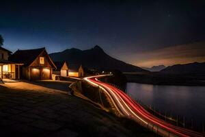 uma grandes exposição fotografia do uma casa e montanha às noite. gerado por IA foto