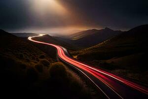 uma grandes exposição fotografia do uma estrada com luz trilhas. gerado por IA foto