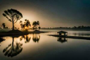 a Sol sobe sobre uma lago com árvores e uma cabana. gerado por IA foto