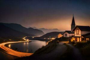 uma Igreja e uma estrada dentro a montanhas às noite. gerado por IA foto